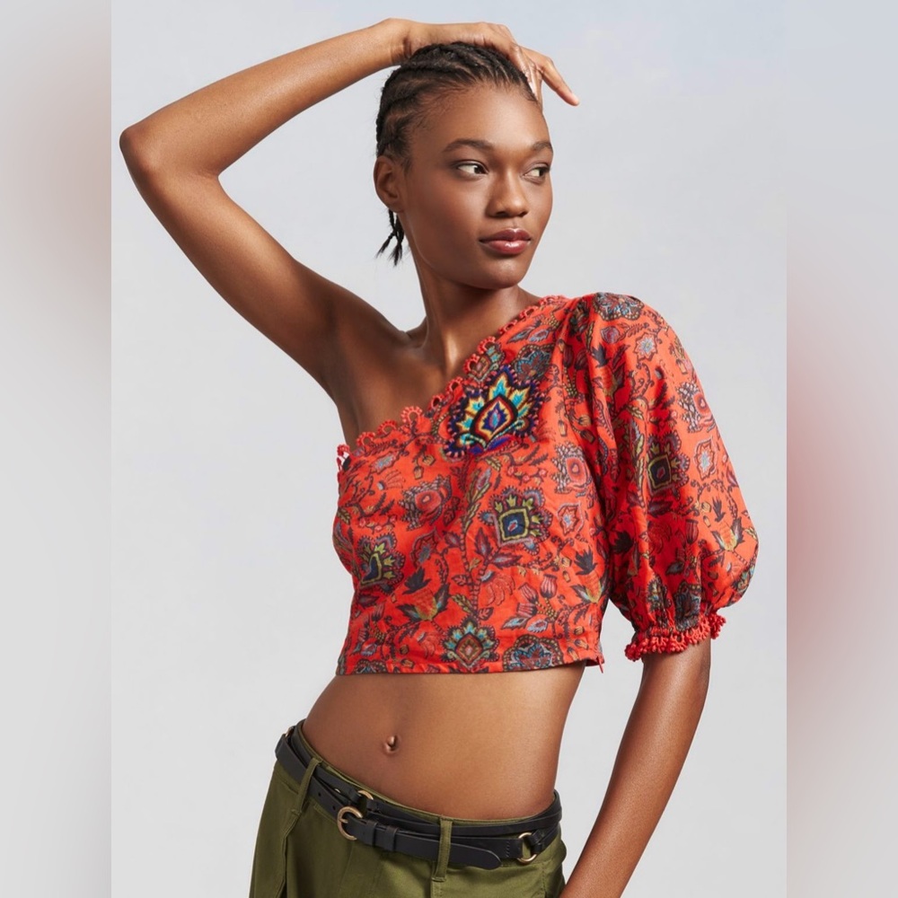 Farm Rio One-Shoulder Crop Blouse Floral Paisley Cotton Size Large New Red Blue
